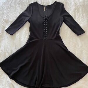 Crece Black Lace-Up Skater Dress Medium Y2K Goth Corset Witchy